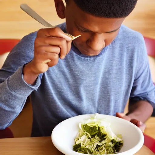 Image similar to young man eating cabbage soup