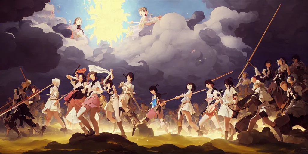 Prompt: baroque oil painting of key visual environment concept art of anime maids fighting a crusade for the anglican church, brutalist, dark fantasy, rule of thirds golden ratio, fake detail, trending pixiv fanbox, acrylic palette knife, style of makoto shinkai studio ghibli genshin impact jamie wyeth james gilleard greg rutkowski chiho aoshima
