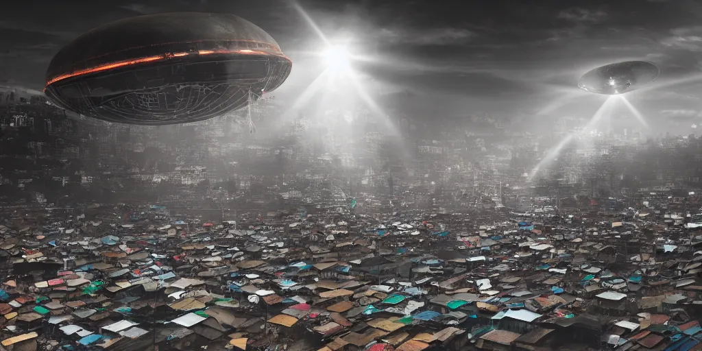 Image similar to AJEGUNLE SLUMS of Lagos surrounding large UFO within NEON rays of light,