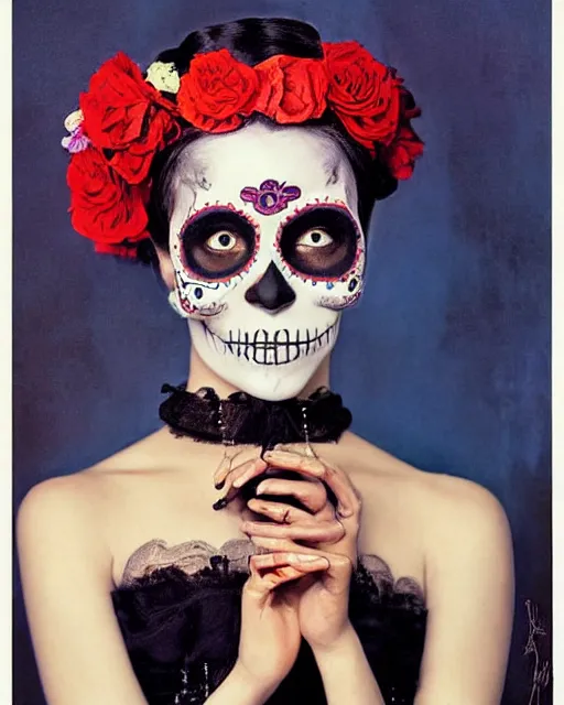 Image similar to a cute Día de los Muertos girl posing by Annie Leibovitz, Poster art by J. C. Leyendecker