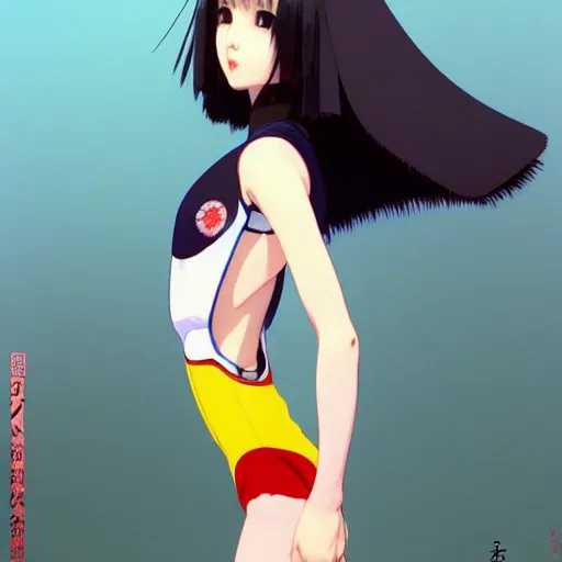 Image similar to a beautiful japanese natalie portman gravure model, wearing oversized native designer bomber jacket and leotard with overalls, bulky poofy bomber jacket with mesoamerican patterns, mesoamerican native street fashion, gapmoe yandere grimdark, trending on pixiv fanbox, painted by greg rutkowski makoto shinkai takashi takeuchi studio ghibli, akihiko yoshida