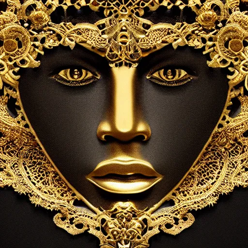 Image similar to epic deatailed golden statue of the King, surrounded by intricate gold lace metalwork on a black smokey background, close up face, modern art, trending on Artstation