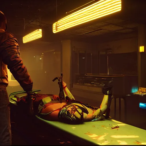 Prompt: ripper doc surgery table corpses underground shady. low light. Cyberpunk 2077. CP2077. 3840 x 2160