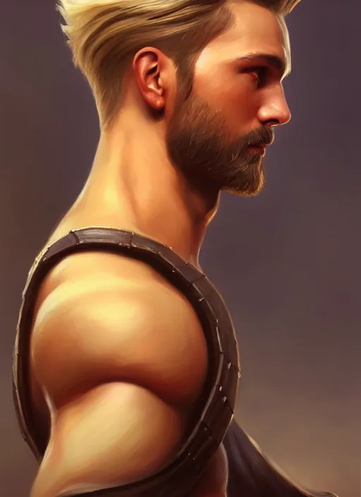 Image similar to a _ fantasy _ style _ portrait _ painting _ of fighter male, medium dark blonde pulled back side part and blonde stubble, rpg dnd oil _ painting _ unreal _ 5 _ daz. _ rpg _ portrait _ extremely _ detailed _ artgerm _ greg _ rutkowski _ greg