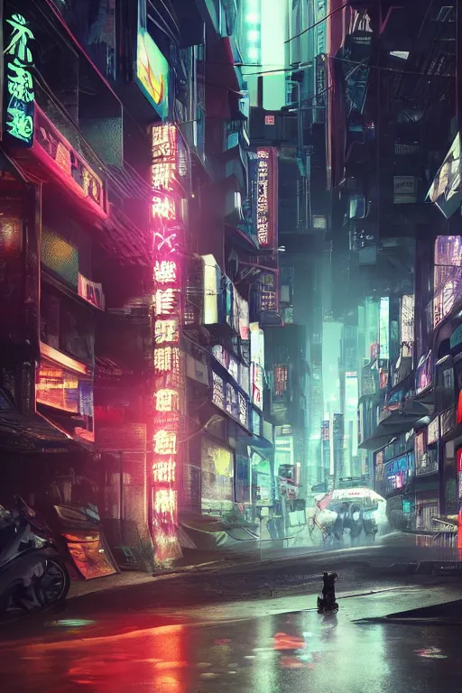 Image similar to Futuristic Asian city at night with rain, Cyberpunk style, Motorcycle, Neon lights, Matte paiting, cinematic lighting, corona render, smoke, light rays, 8k