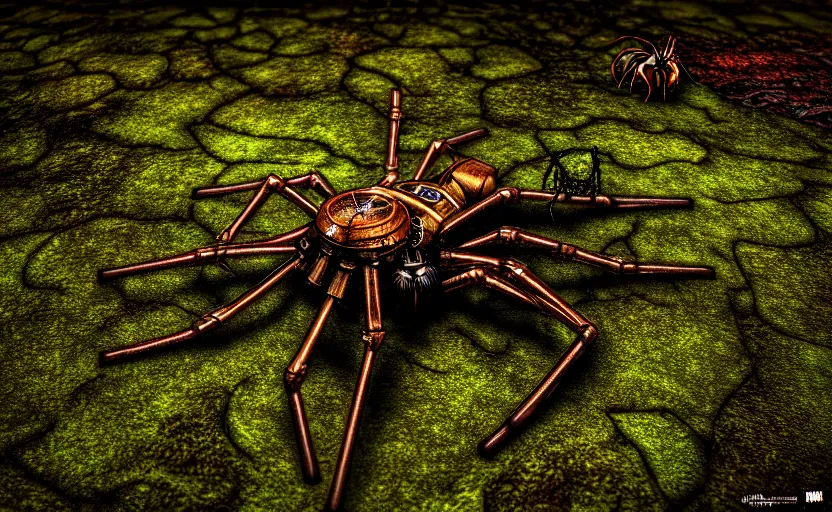 Prompt: mechanical steampunk spider in a large dimly lit mossy, wet sewer, ultra detailed digital art, fine drawing, grunge, hyper real, 4 k, moody lighting, warm colors, shaded