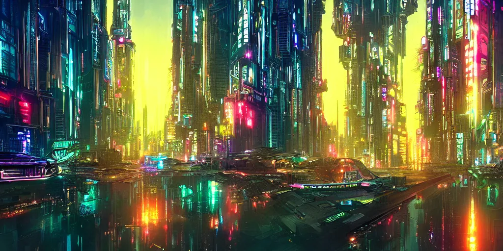 Prompt: a digital painting of a cyberpunk city at night surrounded by a glistening lake by stephan martiniere, artstation, utopian art, art deco, saturated, hyper colorful