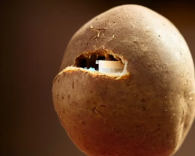 Image similar to elon musk stuck inside a potato, dof and bokeh