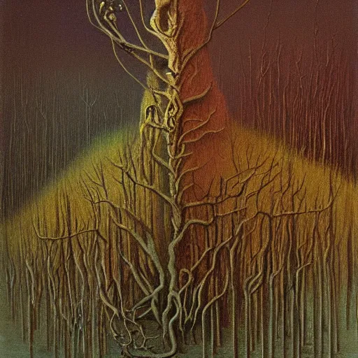 Prompt: a surreal oil painting of a dark fantasy word full of strange trees and plants. beksinski. 8 k. atmospheric