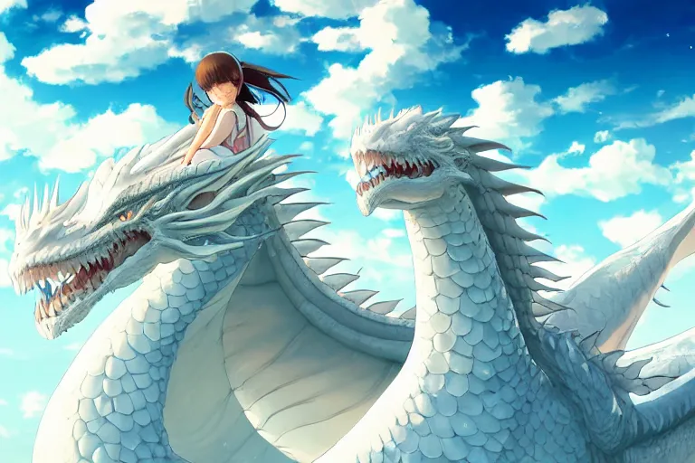 Prompt: a hyper detailed big render that a beautiful girl sitting on the back of a huge silver white dragon alone in fairyland surrounded by white clouds, finely detailed angelic face, style of studio ghibli, makoto shinkai, xision, ilya kuvshinov and artgerm, kazuki tanahashi, james jean, animation style, golden curve composition