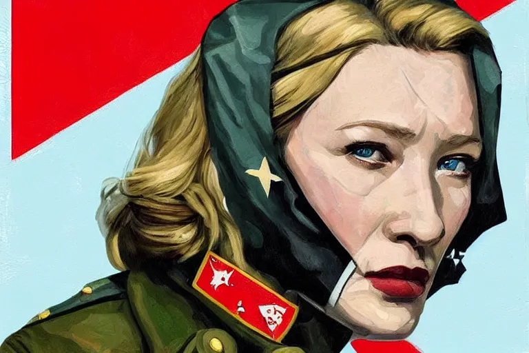 Image similar to cate blanchett as a sad female soviet soldier, art by Sandra Chevrier