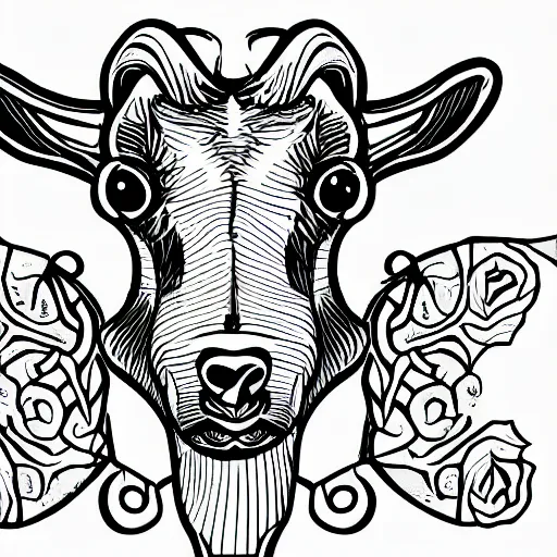 Image similar to a detailed tattoo outline of a !goat! that is !biting a churro!, 4k, illustration, sharp focus