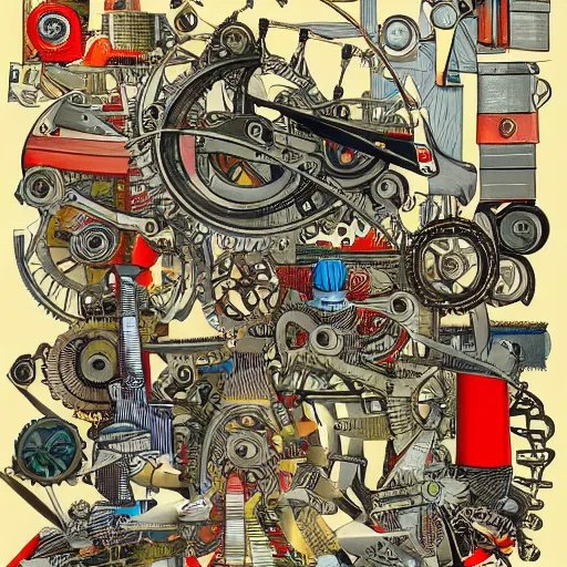 Image similar to a chaotic scene of a crazy machine with lots of details and contraptions. there are many pairs of scissors visible. the illustration is very detailed and intricate, with a lot of small elements that come together to create a cohesive whole. it uses a limited palette of colors, which helps to create a cohesive and unified look.