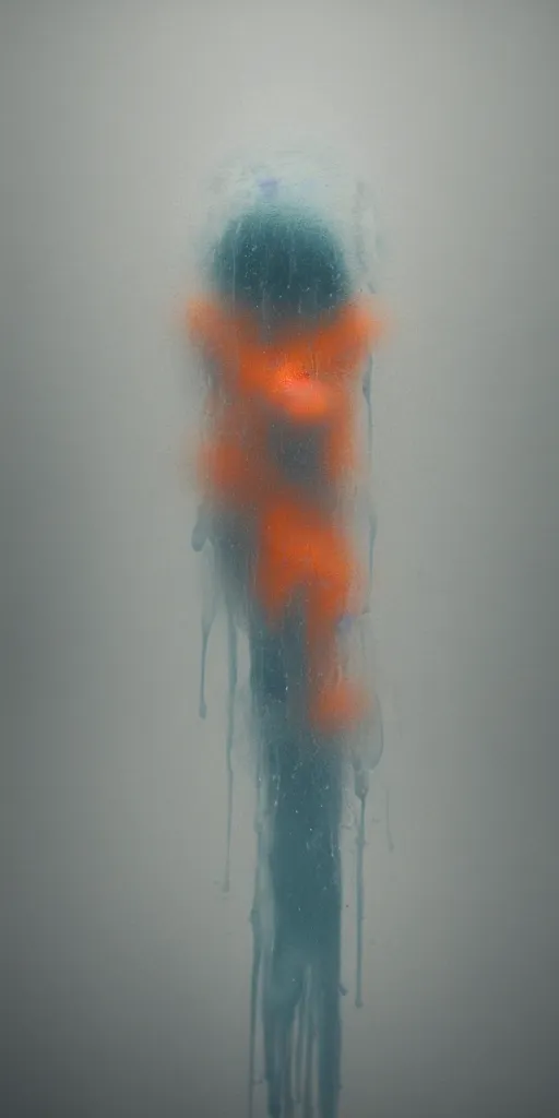 Image similar to a blurry closeup picture of grasping neck, dripping wet, no face, macro photography, long exposure photograph, surrealism, anamorphic bokeh, cozy, soft light, cyan and orange, caustic, atmospheric fog, octane render, cinematic