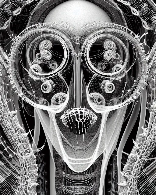 Image similar to mythical dreamy black and white organic bio - mechanical spinal ribbed profile face portrait detail of translucent steampunk beautiful intricate monochrome angelic - human - queen - vegetal - cyborg, highly detailed, intricate translucent jellyfish ornate, poetic, translucent microchip ornate, 3 d render, digital art, octane render, 8 k artistic lithography