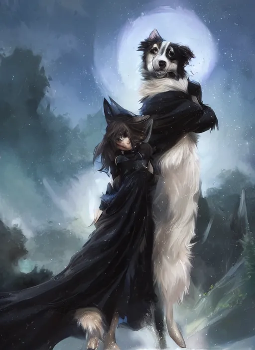 Image similar to beautiful wide angle full body portrait of a cute male anthropomorphic anthro border collie fursona wearing black robes at a theme park, character design by charlie bowater, henry asencio, and ross tran, scenic background, detailed, glamor pose, aesthetic, trending on artstation, furaffinity, deviantart