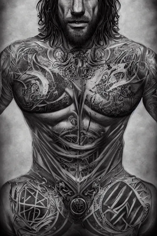 Image similar to Photorealistic frontal standing pose portrait of a muscular man chest and torso heavily tattooed with Elvish runes, letters and symbols, all his skin is covered by tattoos, from face to neck to toe, surrounded by magic lightings overlays, Intricate, concept art, magic lighting overlays, magical portal opened, D&D!, fantasy style, sharp focus!, ultra detailed, art by Artgerm and Peter Andrew Jones, WLUP, Magali Villeneuve
