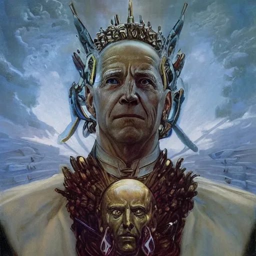 Prompt: mystical portrait of joe biden as cthonic war deity by j. c. leyendecker, bosch, willim blake, jon mcnaughton, and beksinski