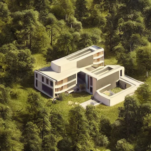 Image similar to beige house with big central garden, on a hill surrounded by big trees, dramatic lighting, artstation, matte painting, raphael lacoste, simon stalenhag, frank lloyd wright, zaha hadid, drone view