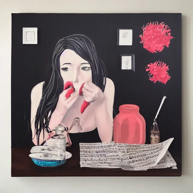 Prompt: a portrait in a female artist's bedroom, black walls, emo girl eating pancakes, sheet music, berries, surgical supplies, handmade pottery, flowers, sensual, octopus, neo - expressionism, surrealism, acrylic and spray paint and oilstick on canvas