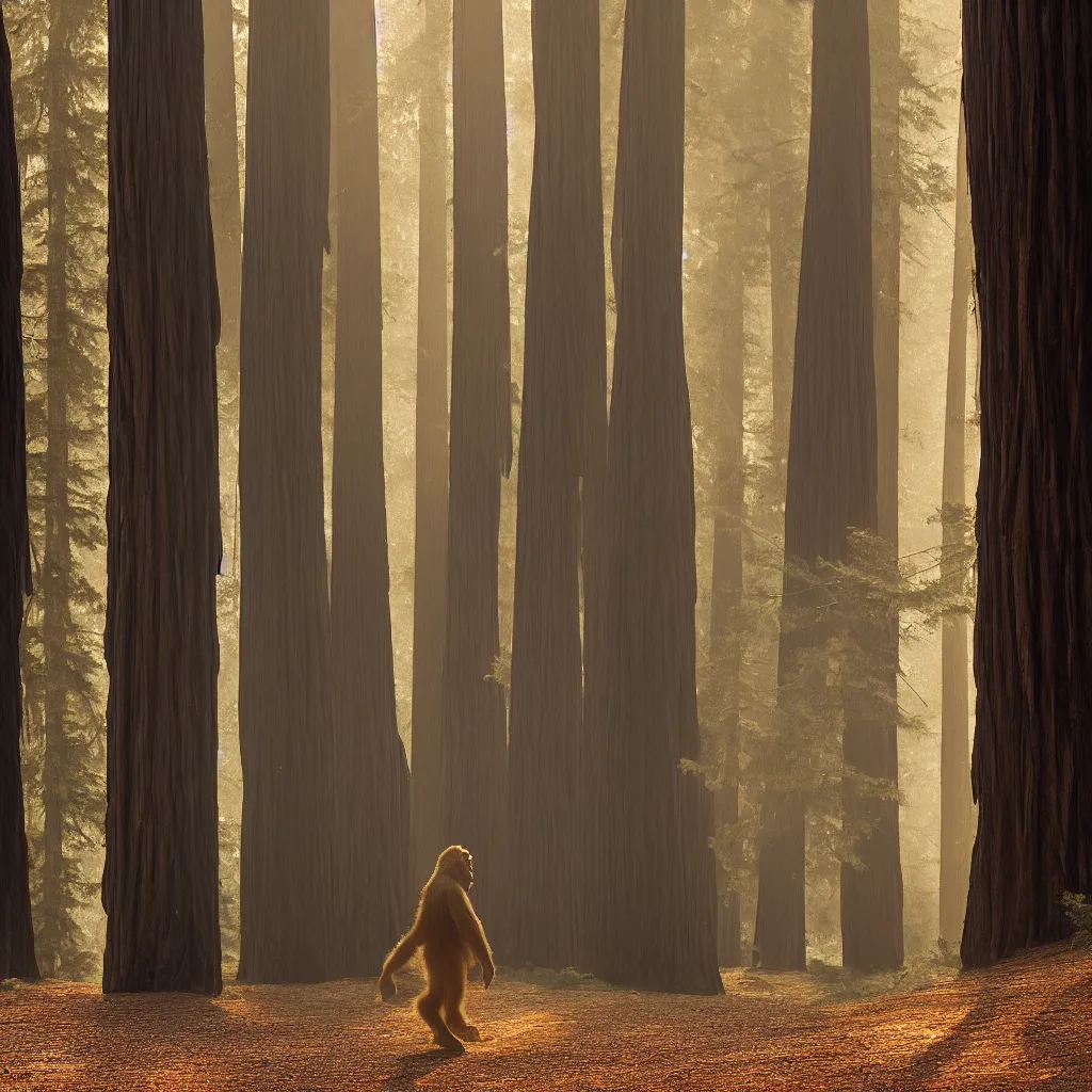 Image similar to bigfoot walking in the california redwoods, golden hour, illuminated fog, award winning photography, 2 0 0 mm, f 2. 8, 8 k