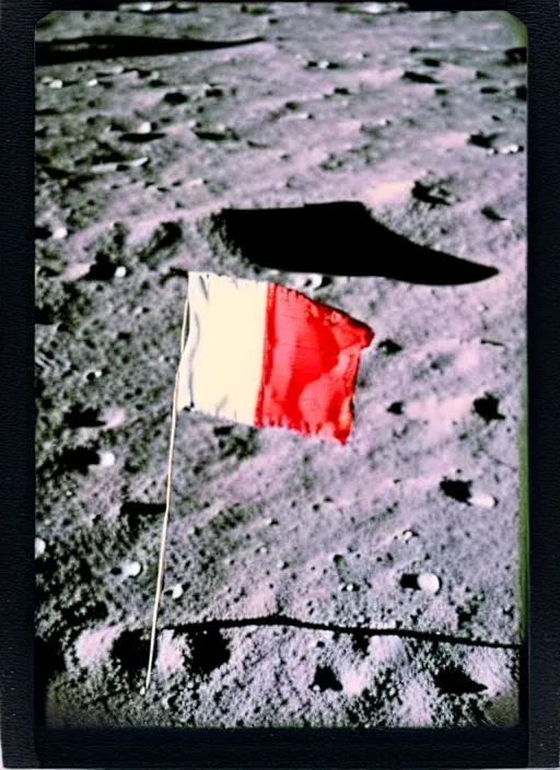 Image similar to polaroid of moonlanding in 1 9 5 0's finland flag on the moon, aesthetic, fine art, intricate, elegant, highly detailed, centered, phograph, art station, conceptual art, soft, sharp focus,