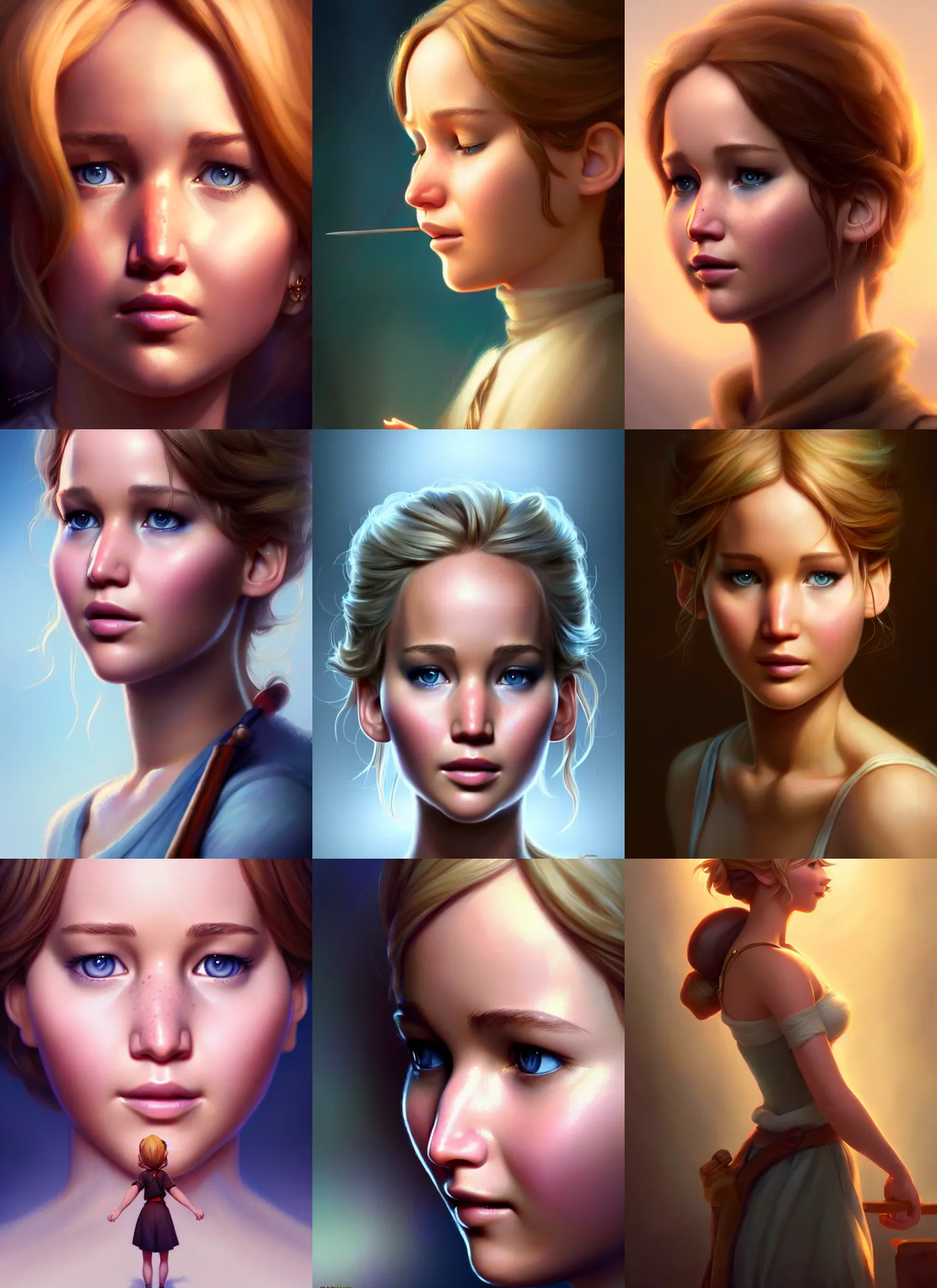 Prompt: beautiful portrait of jennifer lawrence as pinnochio. character design by disney, charlie bowater, ross tran, artgerm, and makoto shinkai, detailed, soft lighting, rendered in octane