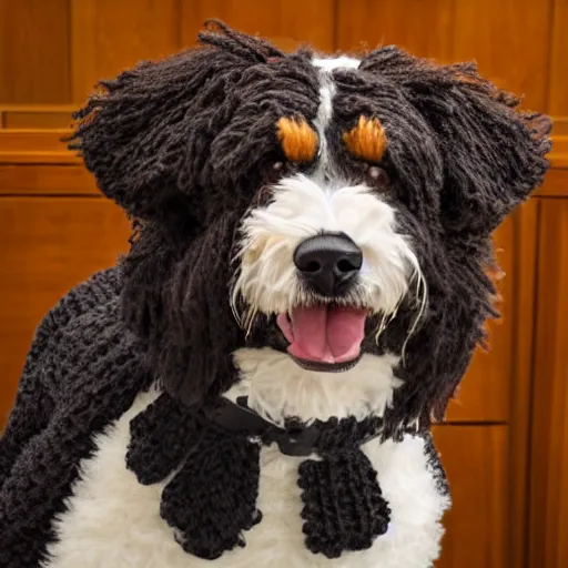 Prompt: a closeup photorealistic photograph of a cute smiling knitted bernedoodle judge dog dressed in a black gown, presiding over the courthouse. indoor image, professional capture, well lit shot. this 4 k hd image is trending on artstation, featured on behance, well - rendered, extra crisp, features intricate detail, epic composition and the style of unreal engine.