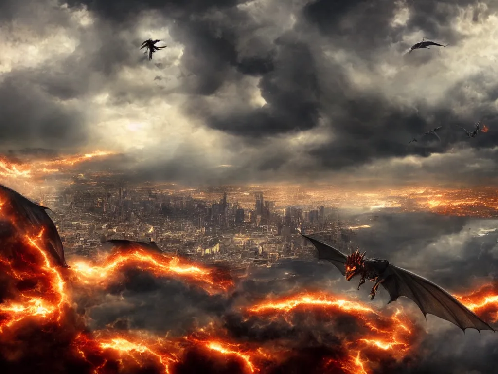 Prompt: epic detailed cinematic shot of dragon flying over a city through stormy clouds, breathing fire