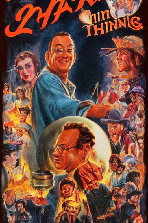 Prompt: vintage movie poster hanksgiving, tom hanks, turkey, a wizard, lightning, 1 9 8 2, drew struzan inspiration