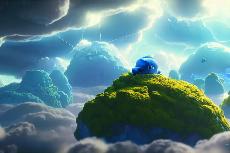 Prompt: cute, giant, blue shiny creatures flying through floating islands, extreme cloud formations, uncanny, cinematic lighting, thomas cole, still from inside out, octane render, ray tracing, volumetric lighting, 4 k