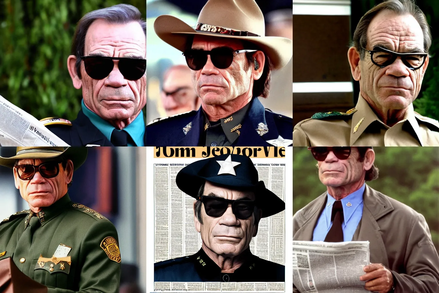 Prompt: tommy lee jones wearing a tan sheriff uniform and half frame glasses, looking up from reading a newspaper with an annoyed expression