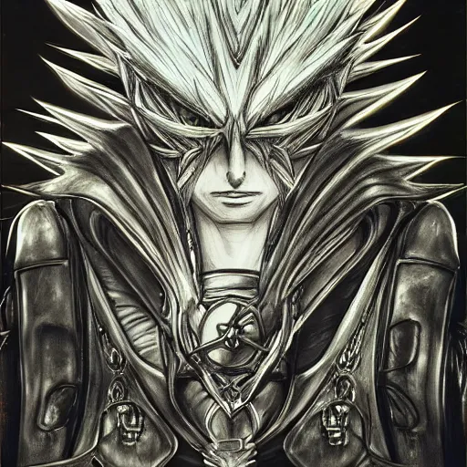 Image similar to a fusion between sephirot and roxas, cyber style, by hr giger, in the style of kingdom hearts, 4 k, hyper detailed, hyperrealism no artifacts