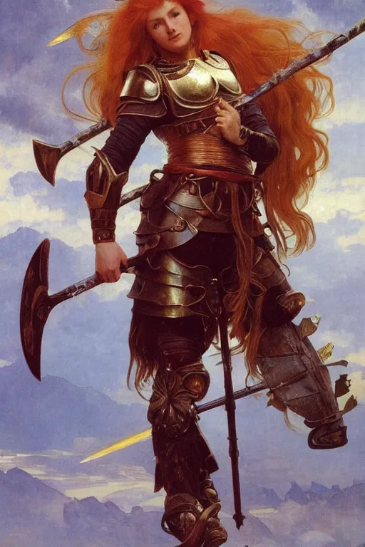 Image similar to full - body matte portrait of a legion of red haired lesbian valkyries in a heroic pose and wearing thick bronze plate armor at the top of a mountain holding a spear made of lightning, art by albert bierstadt, alphonse mucha, andreas rocha, greg rutkowski, sharp edges. ultra clear detailed. 8 k. elegant. octane render