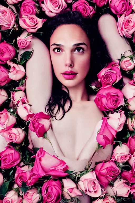 Prompt: full body fine art photo of the beauty gal gadot, she is lying down and merging from pink roses, taken by oleg oprisco