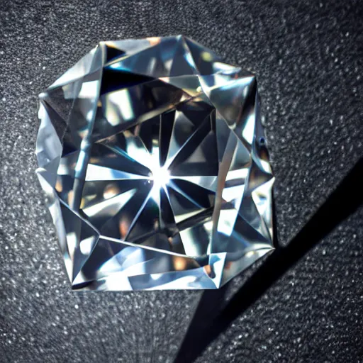 Prompt: a big diamond on a glass table, professional closeup photo, dramatic light