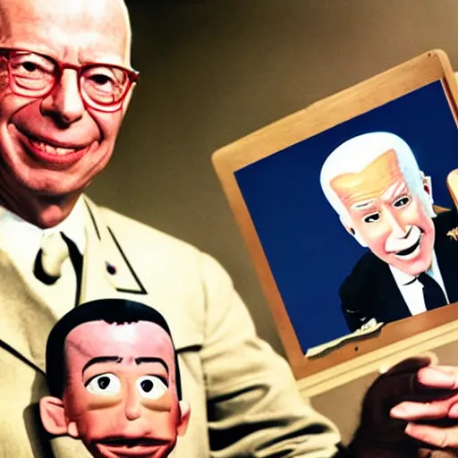 Prompt: UHD candid color photo of Klaus Schwab in Nazi uniform holding a Joe Biden ventriloquist dummy, accurate faces, UHD, photorealistic, correct face, photo by Annie Leibowitz