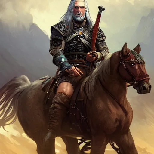 Image similar to geralt the witcher 3 riding a horse meeting with samuel l jackson d & d fantasy intricate elegant highly detailed digital painting artstation concept art matte sharp focus illustration hearthstone art by artgerm art by greg rutkowski art by alphonse mucha