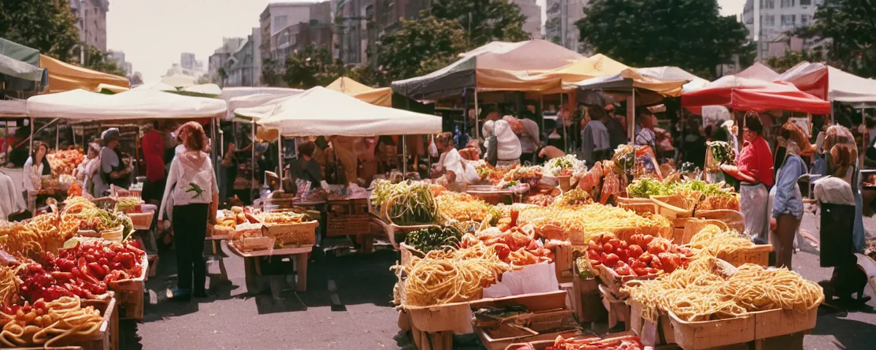 Prompt: farmers market with spaghetti, canon 5 0 mm, cinematic lighting, photography, wes anderson, film, kodachrome