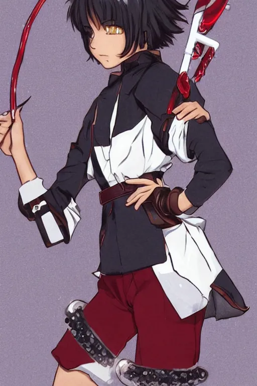 Image similar to young-looking dark-skinned female mage with brown bob-cut hair, wearing white shirt and necklace with grey short-sleeved jacket with red trim, belt, black pants and boots with red lacing, and carrying a wooden staff with floating red crystals. illustrated by Kouta Hirano
