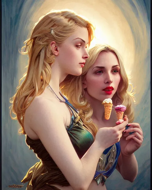 Image similar to Portrait of a  blonde woman and a mallard eating ice creams inp Porto,real life skin, intricate, elegant, highly detailed, artstation, concept art, smooth, sharp focus, art by artgerm and greg rutkowski and alphonse mucha