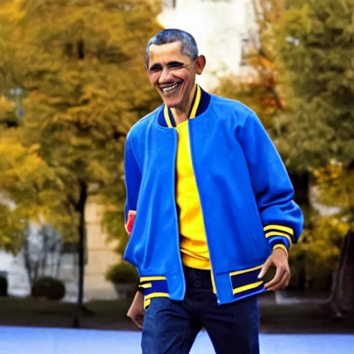 Image similar to realistic photo of casual barack obama wearing a royal blue varsity jacket with yellow sleeves