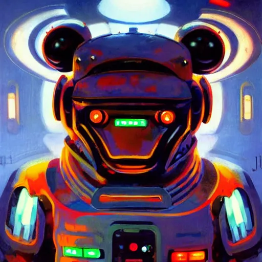 Prompt: a dark and colorful close - up of a sci - fi mecha bear robot with led lights glowing fog in the background. highly detailed science fiction painting by norman rockwell, frank frazetta, and syd mead. rich colors, high contrast, gloomy atmosphere, dark background. trending on artstation