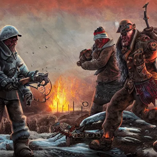 Prompt: digital art, trending on artstation, battle of gypsy clans in a nuclear winter