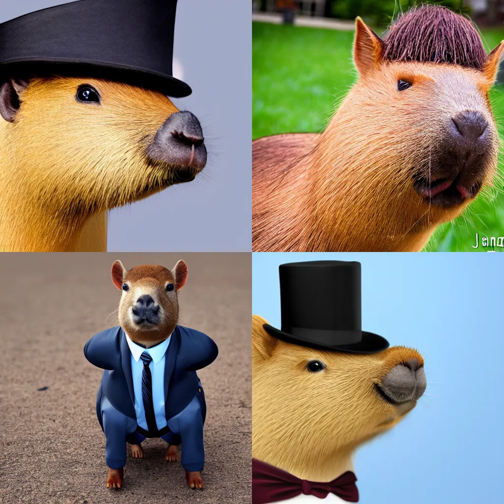 Prompt: Photo Of A Capybara With A Tophat And A Suit, 4K, Photorealistic, Award Winninf