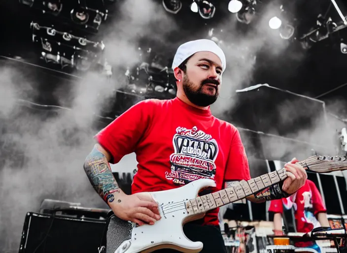 Image similar to photo still of chef boyardee on stage at vans warped tour!!!!!!!! at age 3 3 years old 3 3 years of age!!!!!!!! shredding on guitar, 8 k, 8 5 mm f 1. 8, studio lighting, rim light, right side key light