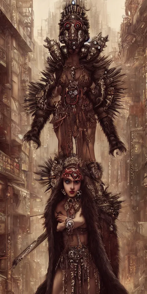 Image similar to hyper realistic Princess Mononoke, ornate mask, wet market street, cyberpunk metropolis, city landscape, jewels, full body pose, wolves, style of tom bagshaw, mucha, james gurney, norman rockwell, denoised, sharp