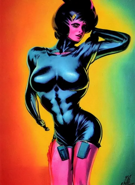 Image similar to female evil android, neon hair, glowing skin, strong line, saturated color, beautiful! coherent! by frank frazetta, high contrast, minimalism