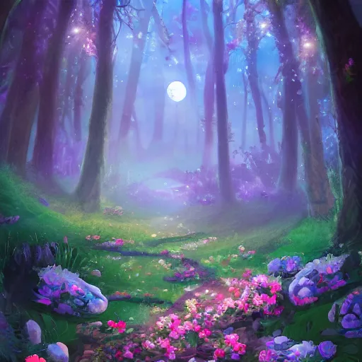 Prompt: An enchanted forest, colorful flowers, pathway, reflection, moonlight, fantasy scene, clear sky, illustration, depth of field, ruins, soft light, high definition, detailed, 8k, Artstation, fantasy art