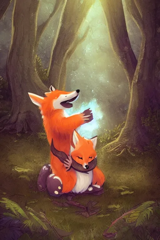 Image similar to a pretty medieval anthropomorphic fox with a fluffy tail in the forest, comic art, trending on furaffinity, cartoon, kawaii, backlighting, furry art!!!, radiant light, bokeh, trending on artstation, digital art